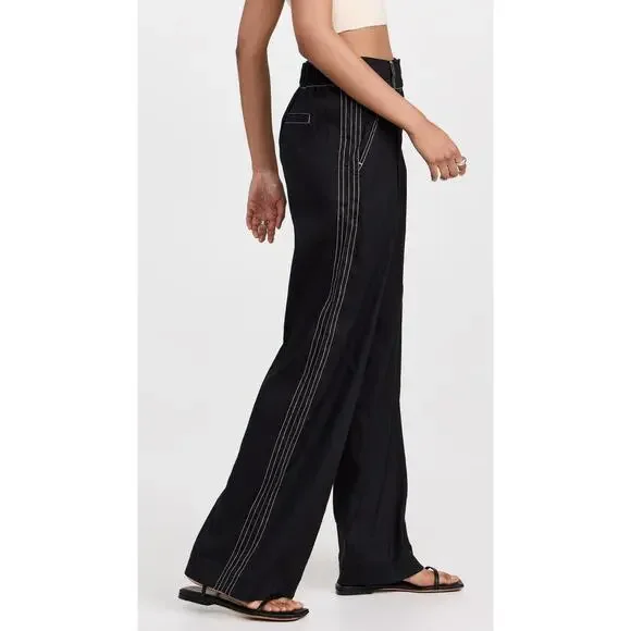 Jonathan Simkhai Tavar Linen Pants Black‎ Contrast Stitch High Rise Wide Leg XL